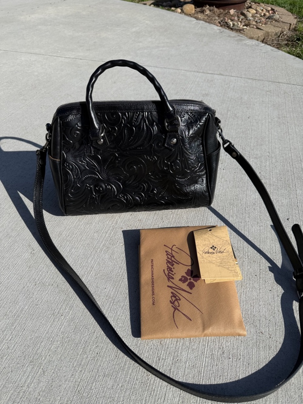 Patricia Nash Black Embossed Leather Satchel with Shoulder Strap